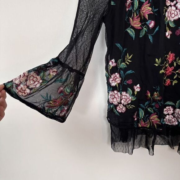 A. Byer Boho Black Sheer Embroidered Bell Sleeve Top  S - Picture 9 of 13
